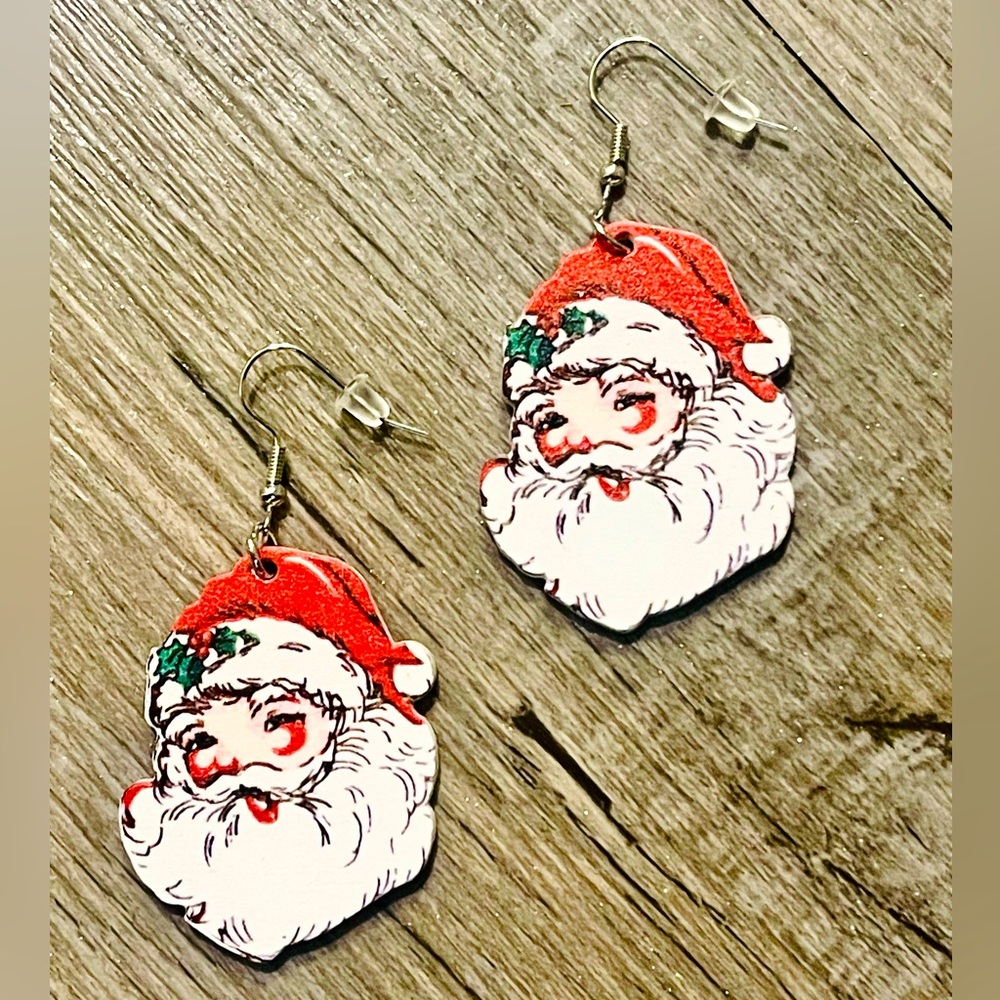 NEW Santa Claus Wooden Dangle Earrings Christmas Fishhook Red Large 2”